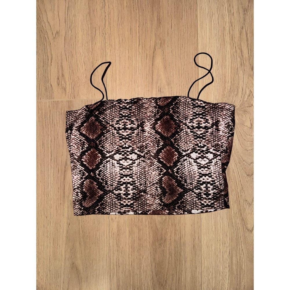 Better Be Womens Snakeskin Print Crop Cami Top Brown Black Elastic Straps Small